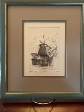 Vintage Matted & Framed Etched Windmill Scene Numbered 39/100.